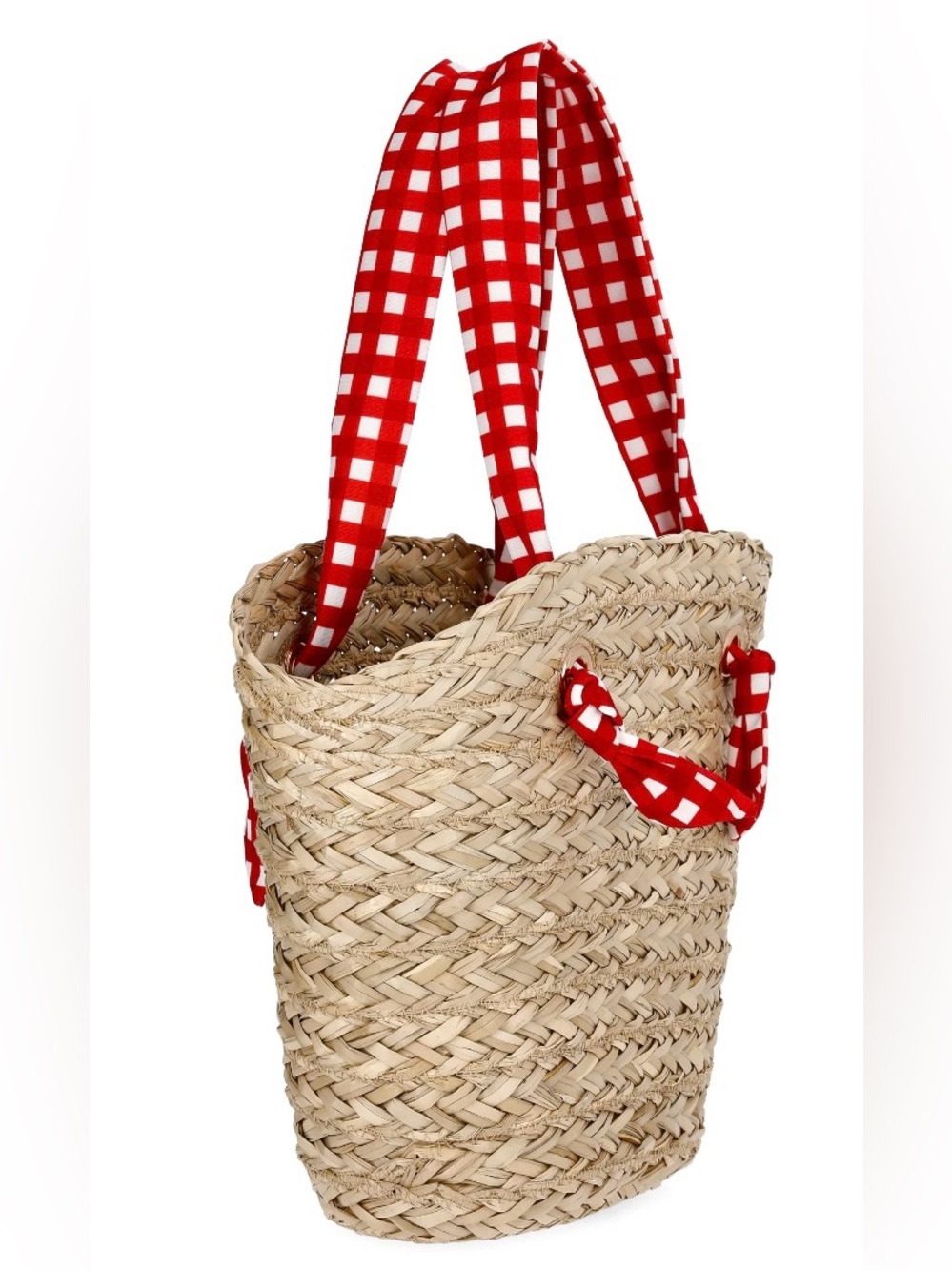 NWT Straw Seagrass Tote beach Bag with Red gingham Checkered Handles